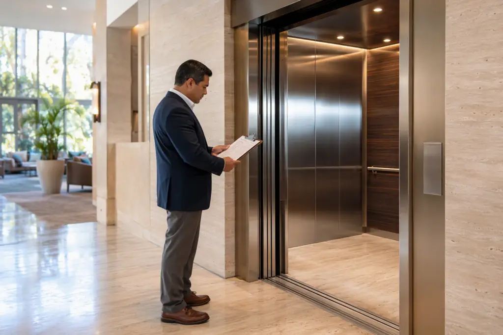 Hotel facilities manager reviewing elevator maintenance schedule at an open elevator bank in a Long Beach CA hospitality lobby, supporting top rated hotel elevator maintenance practices.