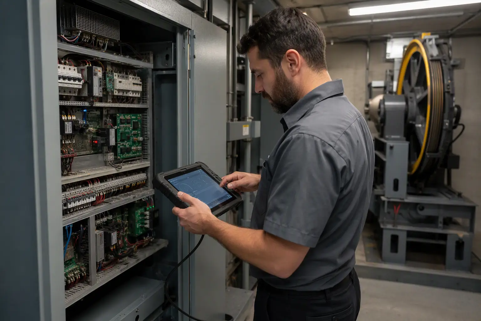 Machine Room Controller Diagnostic Inspection Certified elevator technician running diagnostic checks on a hotel elevator controller in a machine room, a core step in top rated hotel elevator maintenance practices in Los Angeles CA.