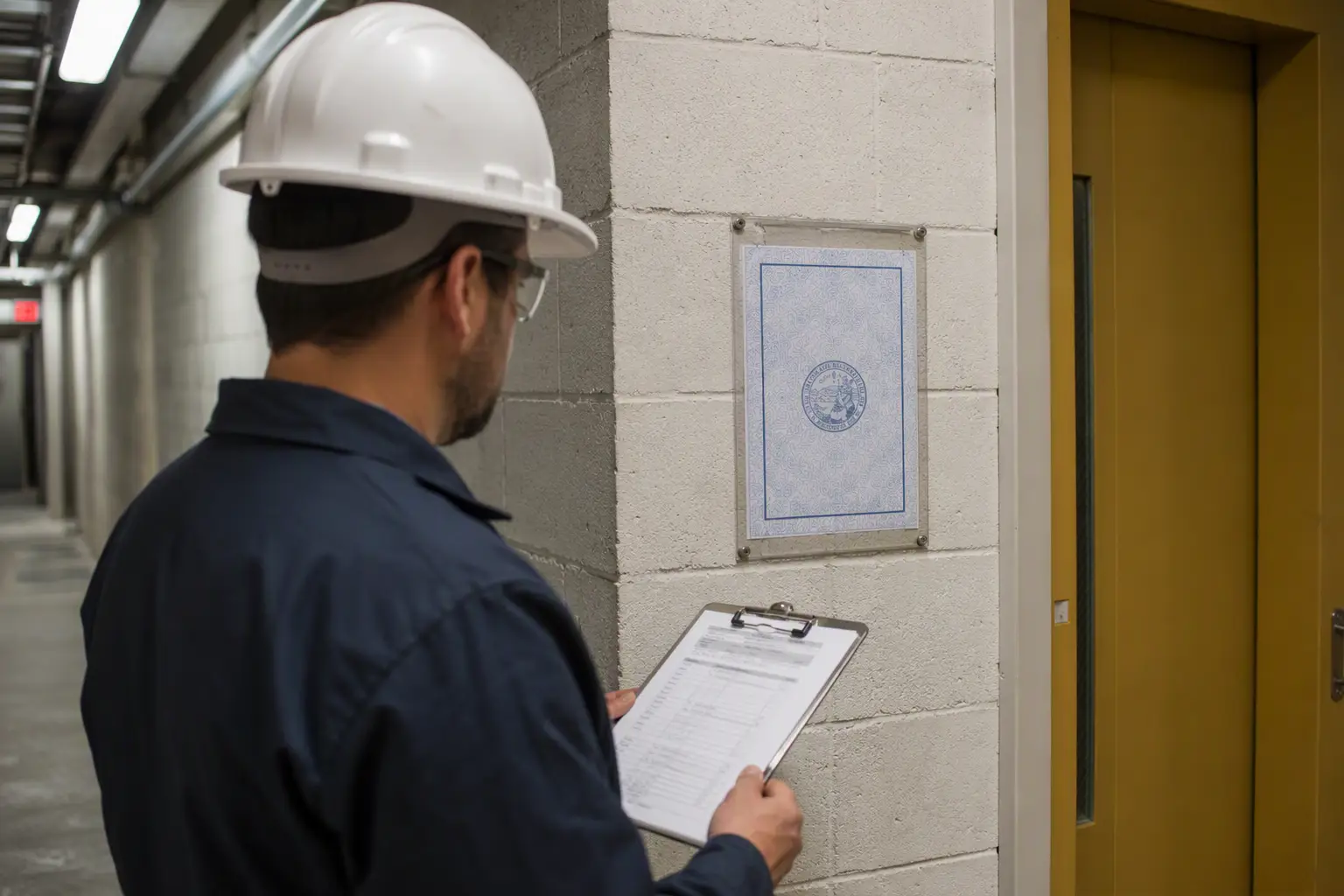 California Elevator Code Compliance Verification Elevator compliance inspector reviewing a California DIR inspection certificate on a hotel hoistway wall, illustrating code compliance steps in hotel elevator maintenance programs in Orange County CA.