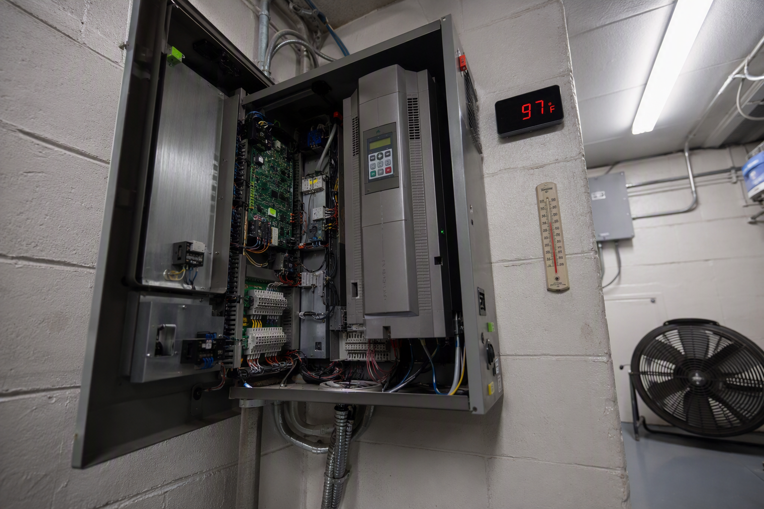 Open elevator controller cabinet and VFD inside an overheated machine room, illustrating how extreme summer heat affects elevator electronic control systems.
