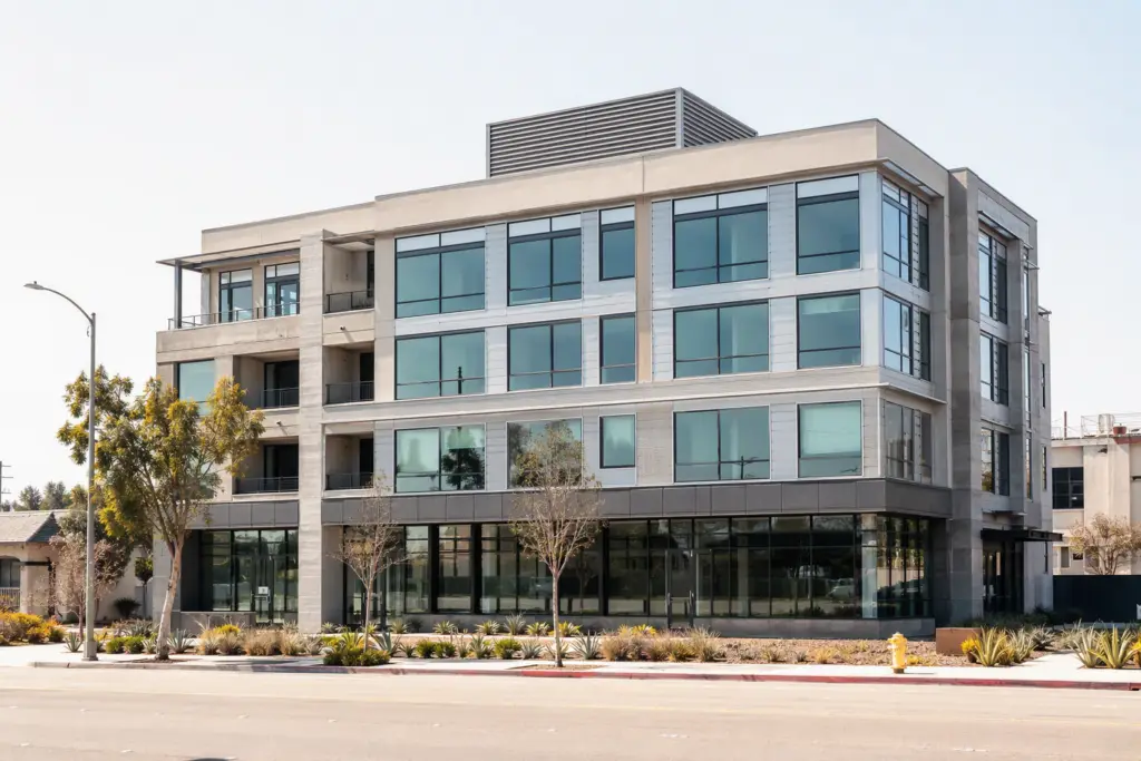 Mid-rise commercial building in Signal Hill CA on a hot summer day, showing rooftop elevator machine room ventilation — extreme heat elevator performance concerns.