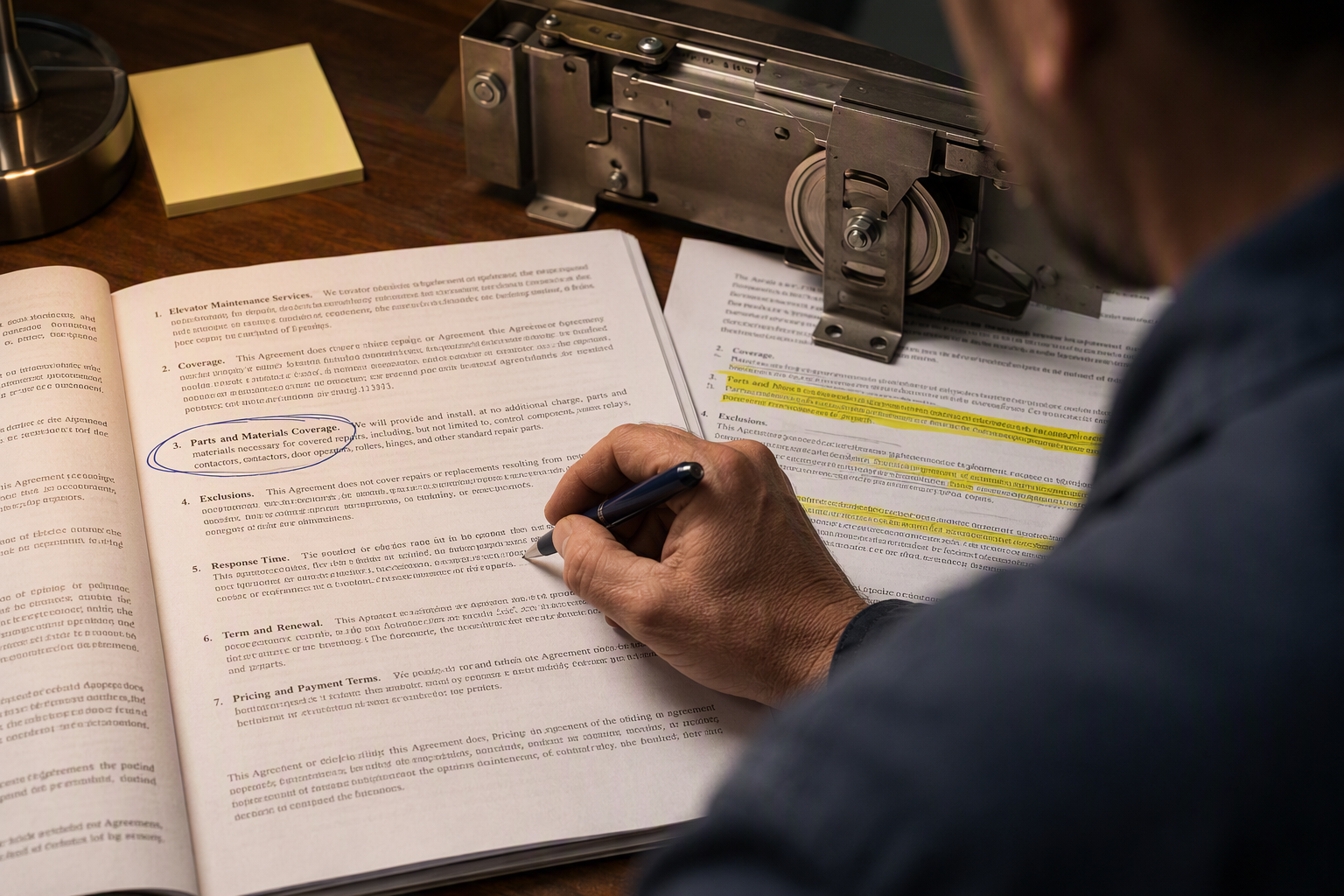 Reviewing Elevator Contract Parts Coverage Clauses Close-up of a technician reviewing elevator maintenance contract parts coverage clauses at a desk, comparing included versus excluded components in two competing service agreements