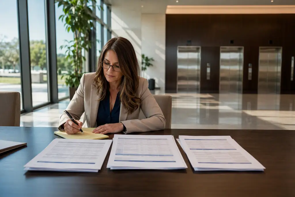 Property manager comparing three elevator service company bids side by side at a conference table in a Long Beach CA office building lobby with elevator doors visible in background