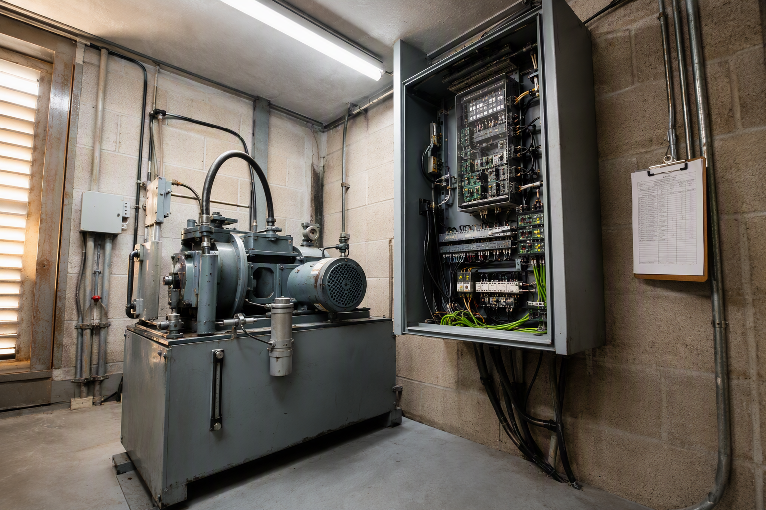 Elevator Machine Room Equipment Scope Elevator machine room interior showing hydraulic power unit and solid-state controller cabinet representing the mechanical scope that elevator service contract bids must clearly define