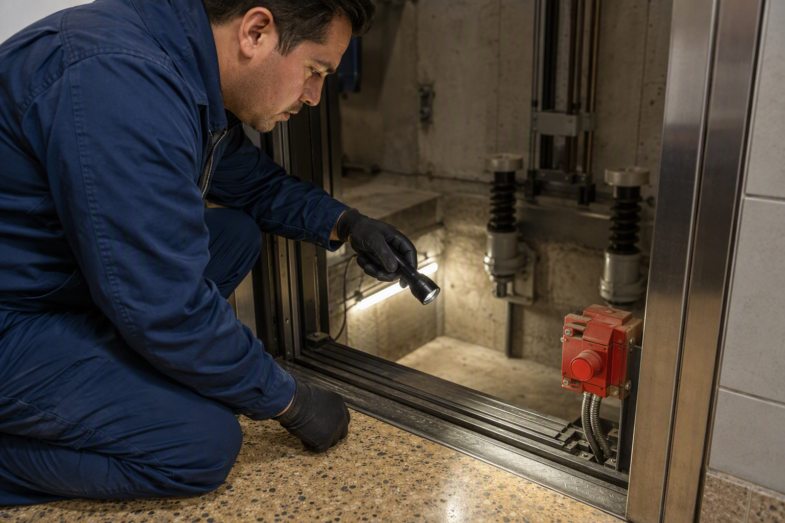 Elevator technician inspecting clean pit stop switch and buffers — key items California state elevator inspectors check during a Cal/OSHA compliance inspection