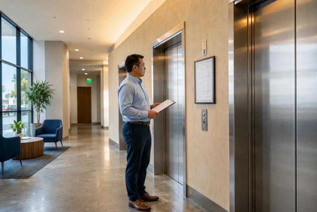 Property manager reviewing elevator inspection permit and documentation in a Signal Hill CA commercial building lobby before a California state elevator inspection