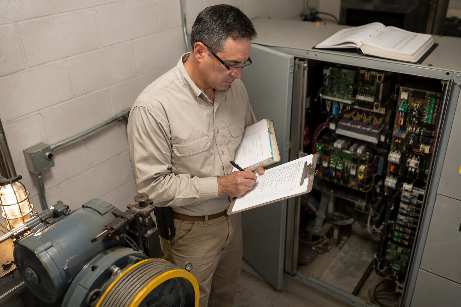 Qualified Elevator Inspector reviewing machine room controller and maintenance records during a California state elevator inspection in a Los Angeles area building