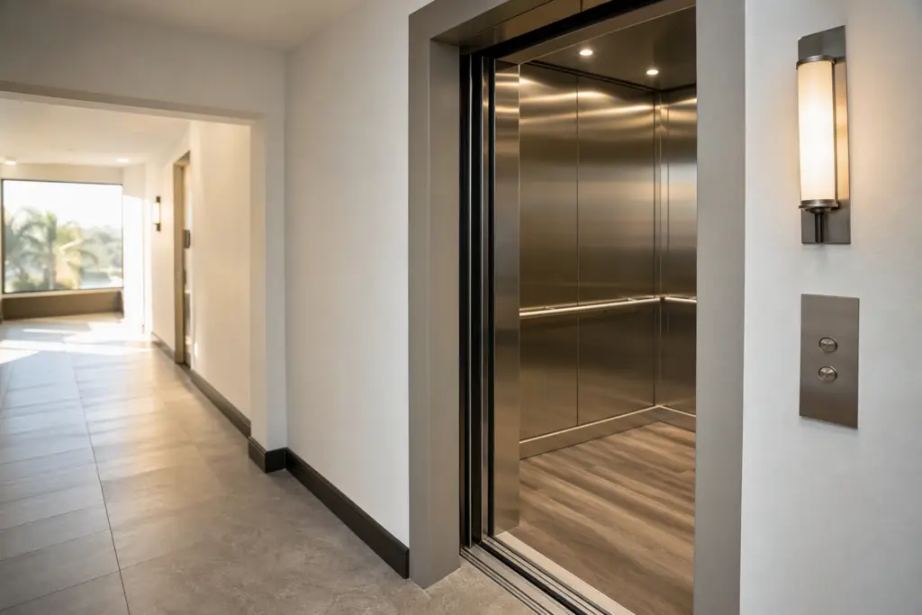 Modernized multifamily elevator lobby in a Southern California mid-rise residential building, showing renovated cab interior with brushed stainless panels and LED lighting