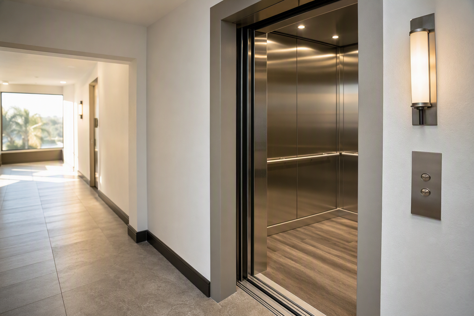 Modernized multifamily elevator lobby in a Southern California mid-rise residential building, showing renovated cab interior with brushed stainless panels and LED lighting