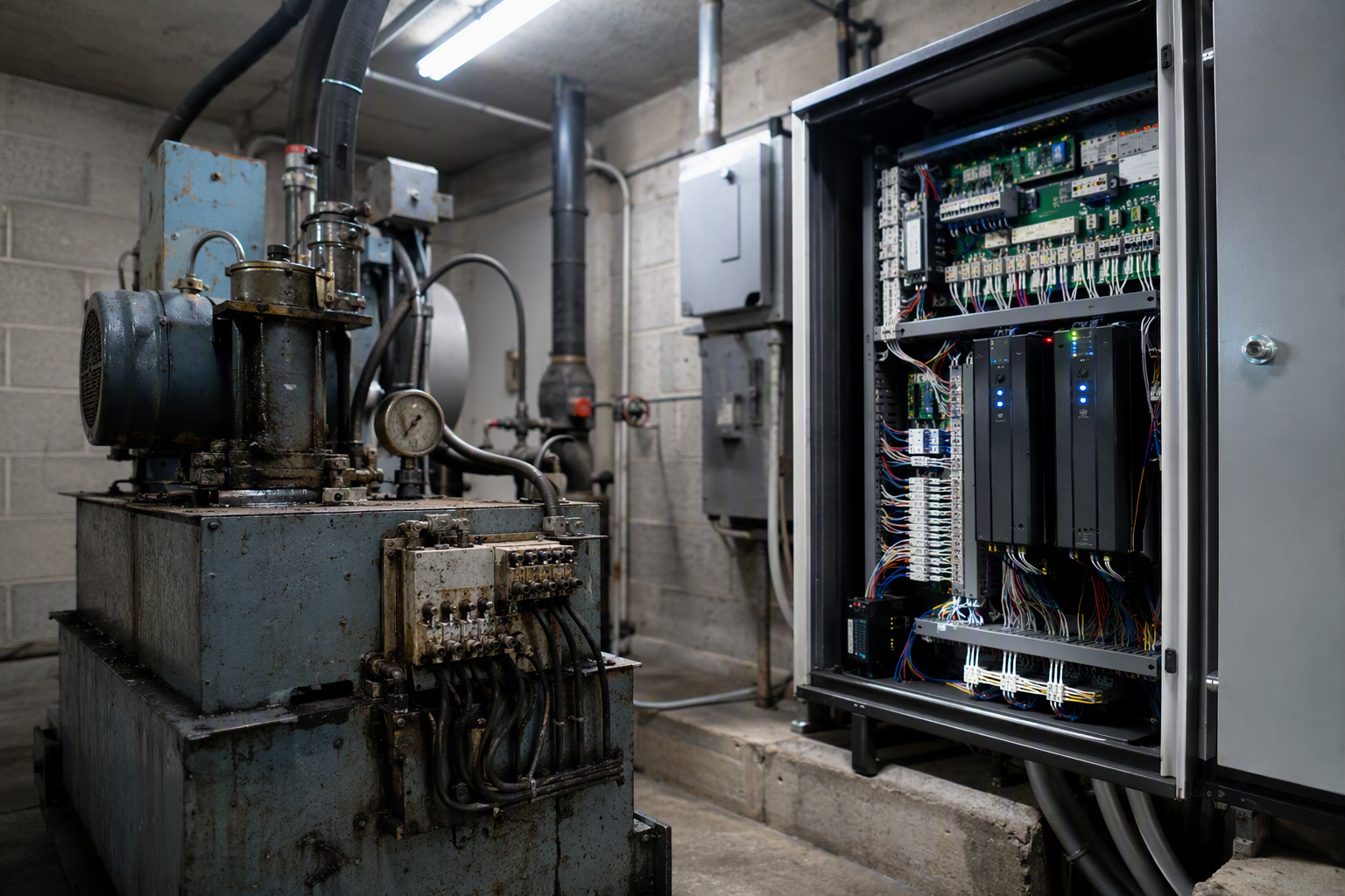 Old hydraulic elevator power unit beside a new solid-state controller cabinet inside an apartment building machine room, illustrating partial vs. full modernization scope comparison
