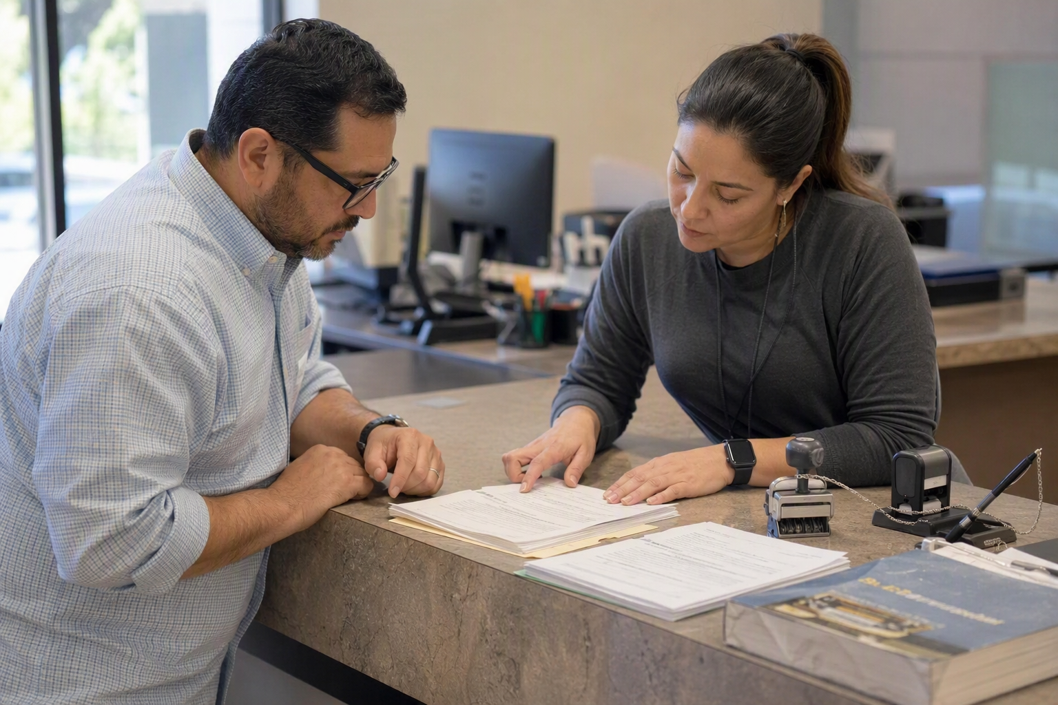 Building manager and permit technician reviewing local and Cal/OSHA elevator permit applications at an LA County building department counter