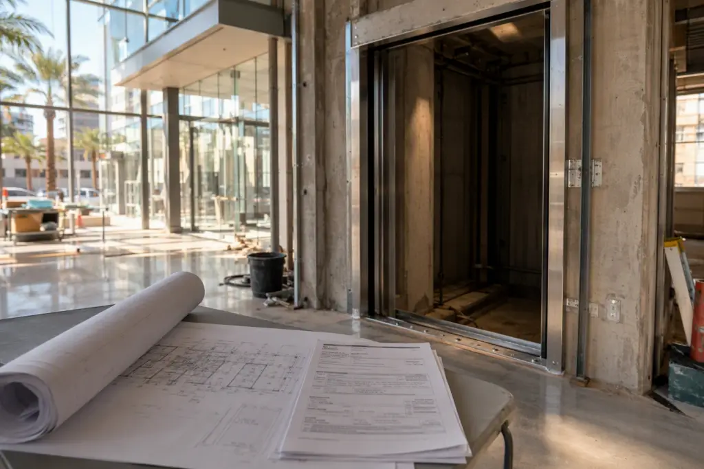 New elevator installation hoistway with permit drawings in a Long Beach CA commercial building lobby, showing the dual permit process required in Los Angeles and Orange County