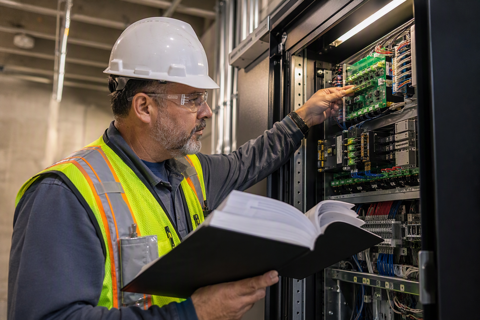 Cal/OSHA elevator inspector reviewing ASME A17.1 code compliance on a new traction elevator controller during acceptance inspection in Orange County CA
