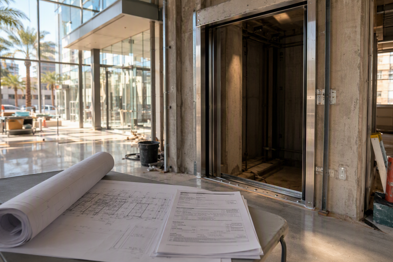 New elevator installation hoistway with permit drawings in a Long Beach CA commercial building lobby, showing the dual permit process required in Los Angeles and Orange County