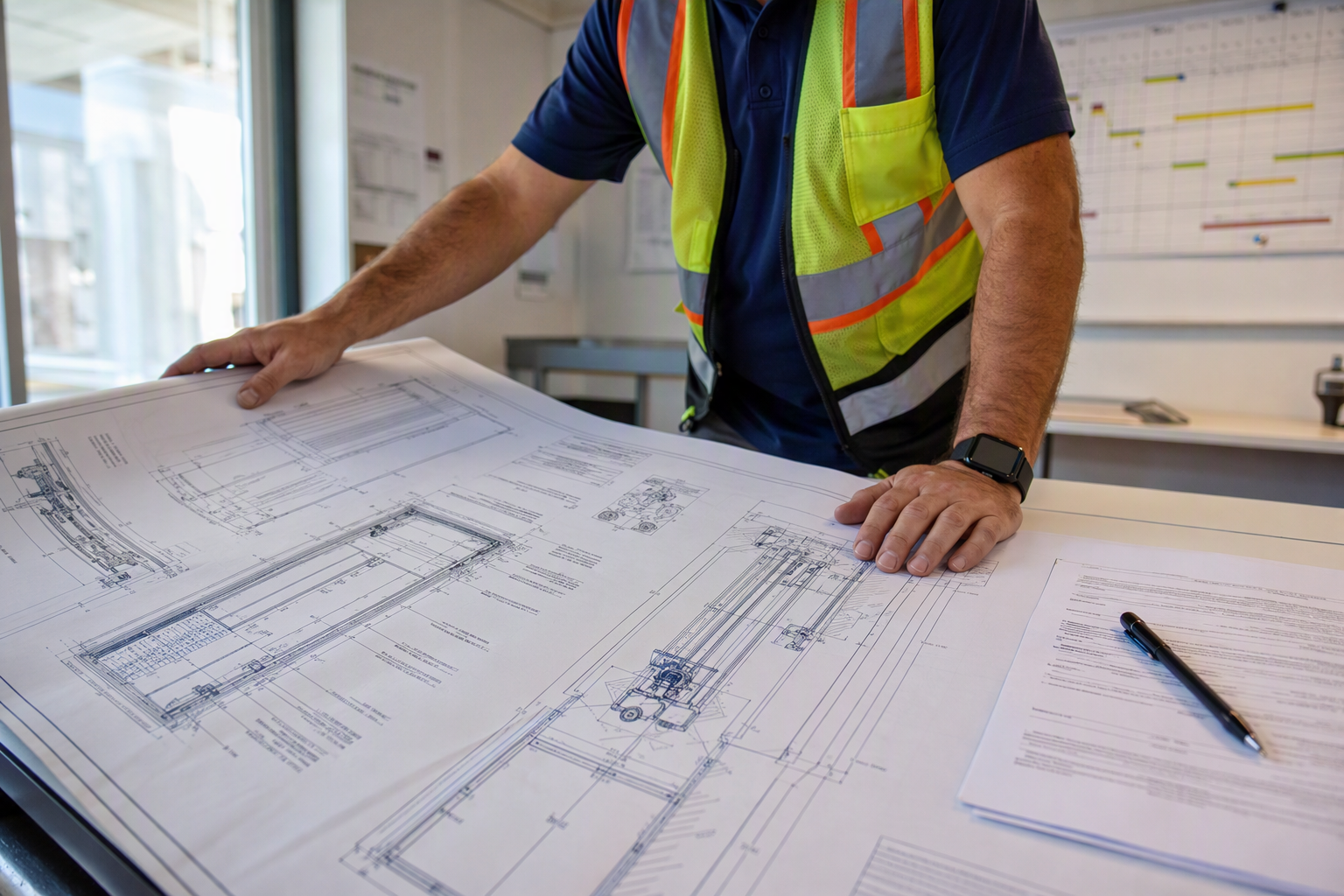 Reviewing Cal/OSHA Elevator Permit Drawings Facility manager reviewing Cal/OSHA elevator permit engineering drawings on a drafting table, a key step in the California commercial elevator installation permitting timeline.