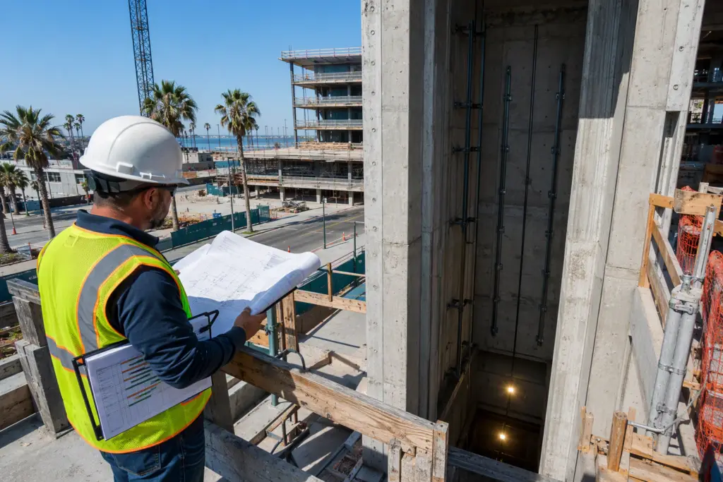 Commercial building hoistway under construction in Long Beach CA, showing steel elevator guide rails installed inside the concrete shaft during a new elevator installation project.