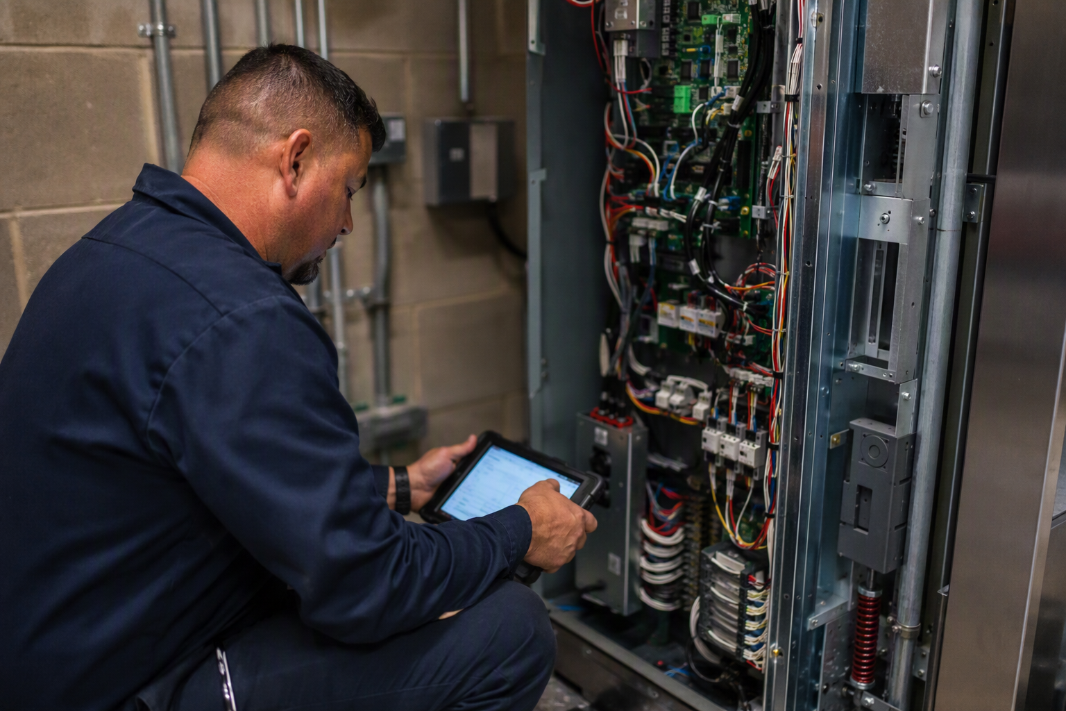 Certified elevator mechanic inspecting an MRL drive controller during the final installation and testing phase of a new commercial elevator in a Los Angeles area office building.