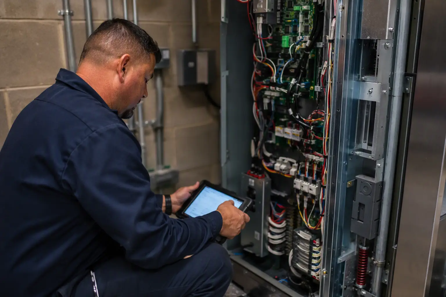 Elevator Mechanic Testing MRL Controller During Installation Certified elevator mechanic inspecting an MRL drive controller during the final installation and testing phase of a new commercial elevator in a Los Angeles area office building.