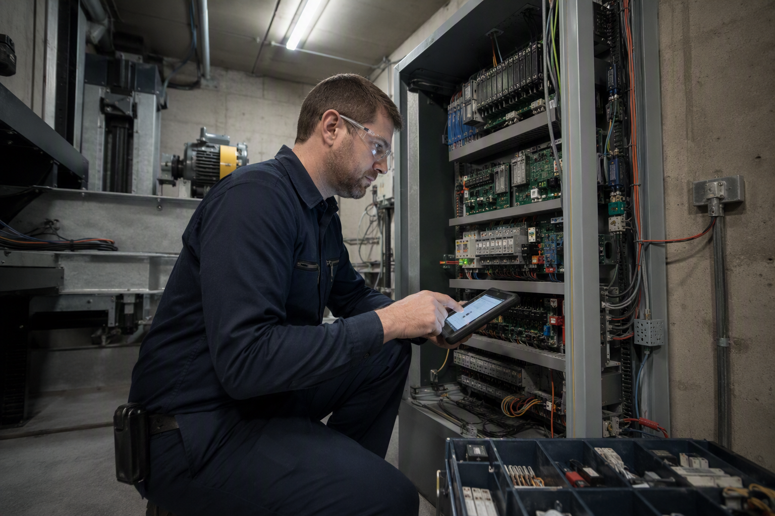 Independent elevator technician using a diagnostic tablet inside a machine room, demonstrating cross-brand service expertise central to the OEM vs independent elevator service pros and cons comparison