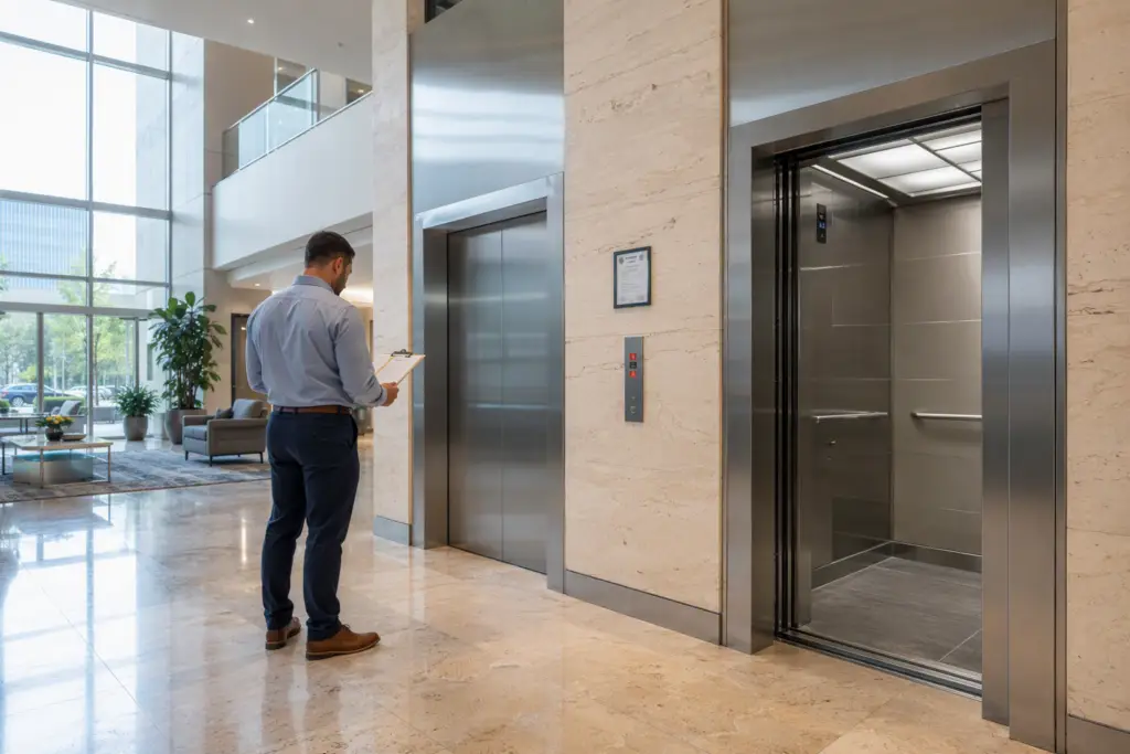 California medical office building elevator lobby showing stainless-steel cab doors and posted Certificate of Inspection, relevant to office building elevator inspection schedule compliance.