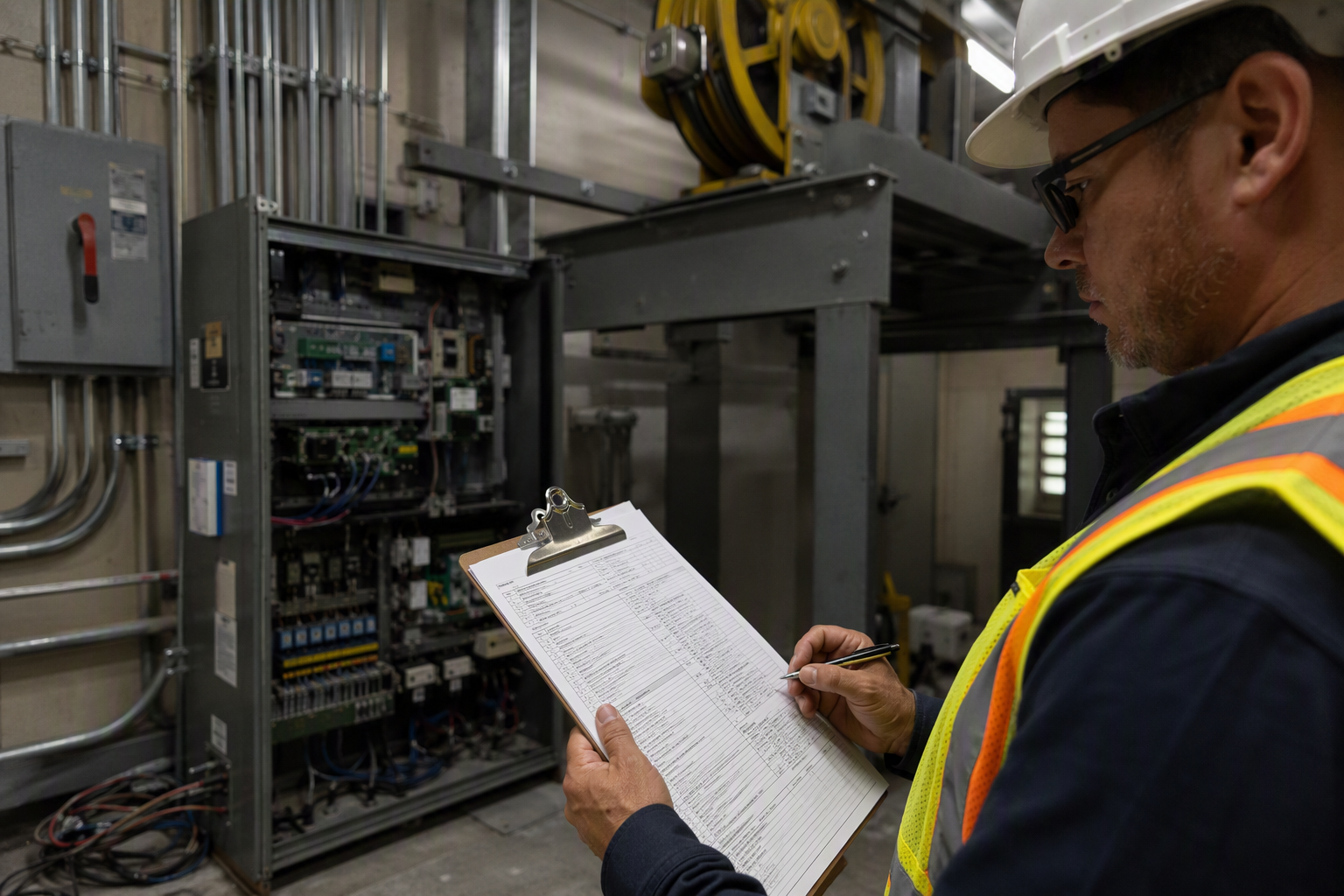 QEI Inspector Reviewing Elevator Machine Room Qualified Elevator Inspector reviewing checklist in a commercial building machine room during a California annual elevator inspection required by ASME A17.1 and Title 8.