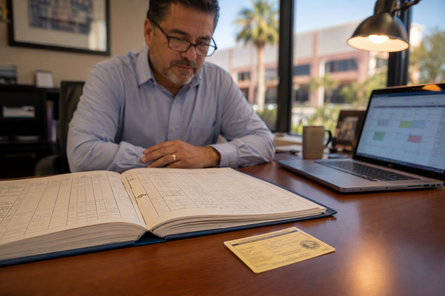 Facility manager reviewing elevator maintenance log and California inspection permit at a desk, planning a compliant office building elevator inspection schedule for a healthcare facility.