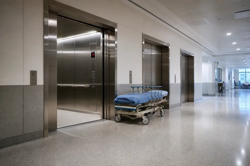 Hospital elevator lobby in Southern California with stainless steel cab doors, gurney, and bright clinical lighting meeting healthcare elevator maintenance standards