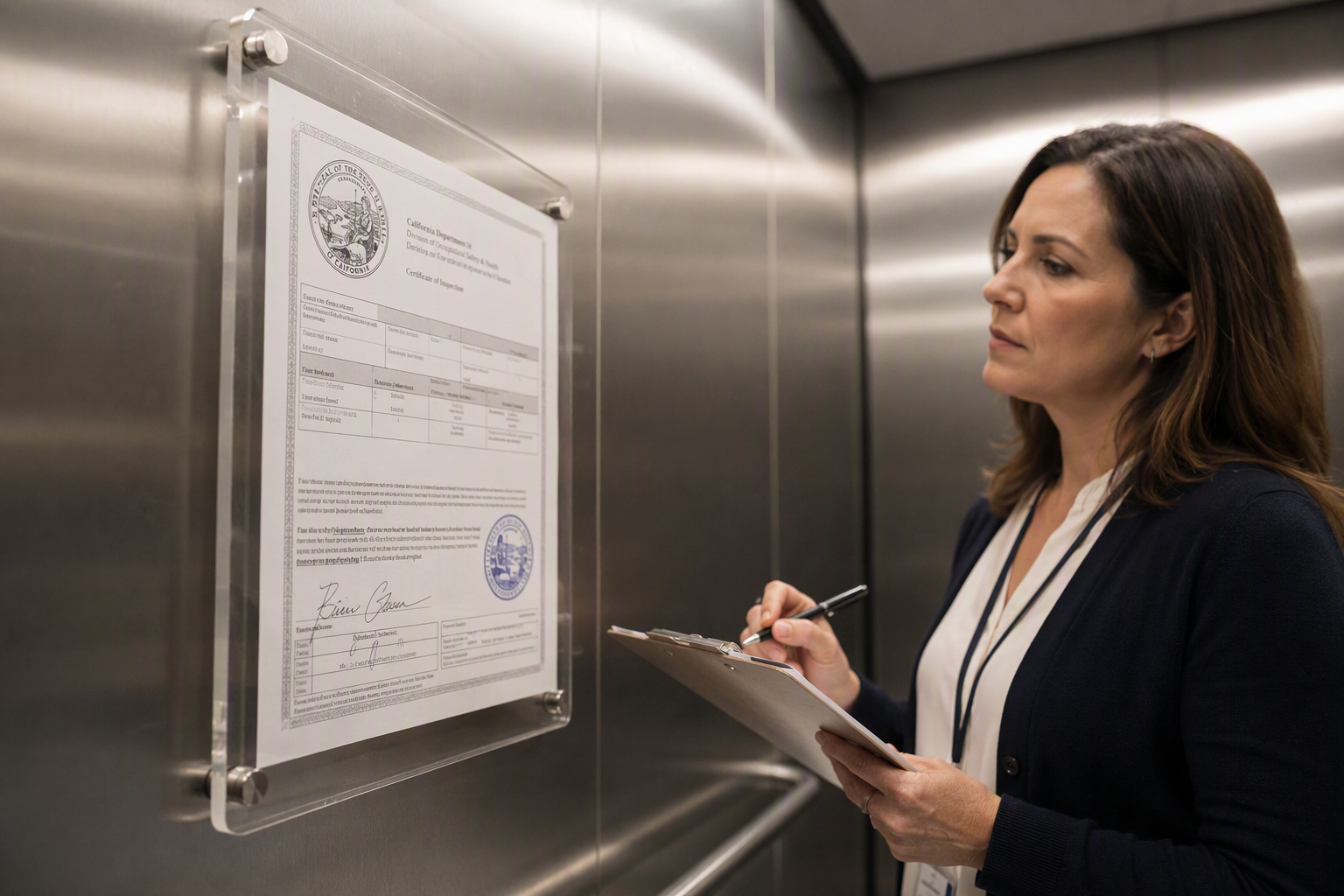 Facilities manager reviewing elevator inspection certificate and compliance checklist inside a California hospital service elevator cab