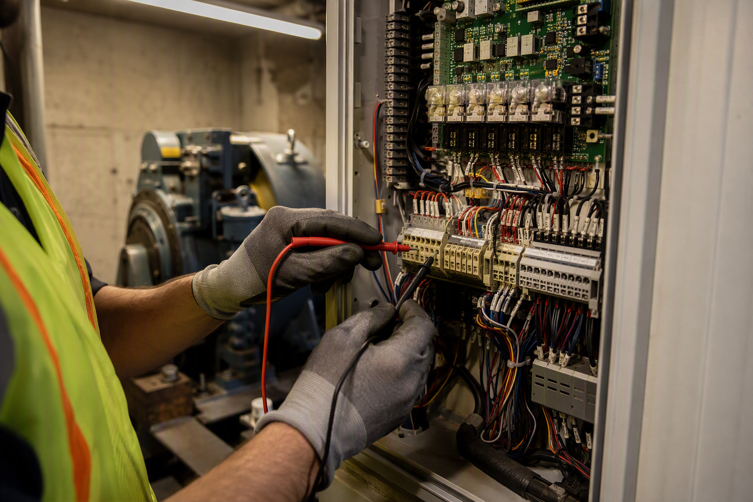 Elevator technician servicing a hospital elevator machine room controller with multimeter, showing hands-on healthcare elevator maintenance work