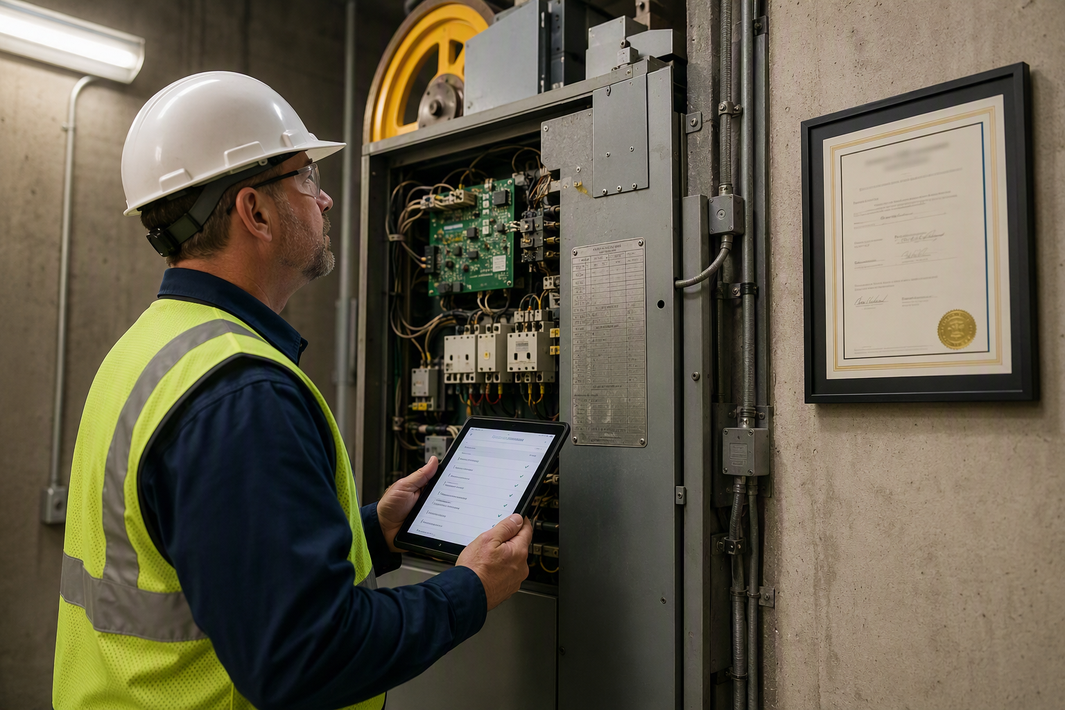 Licensed elevator inspector examining a traction elevator controller in a California school machine room with Cal/OSHA permit on the wall