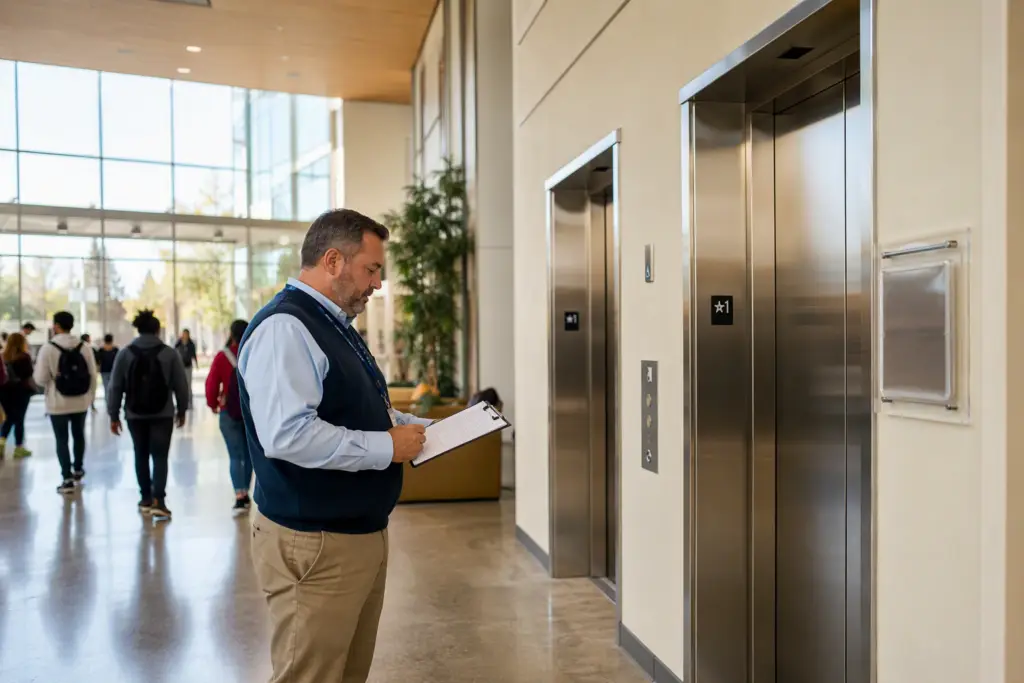 Facilities manager reviewing elevator inspection documents beside ADA-compliant elevator doors in a California university building lobby