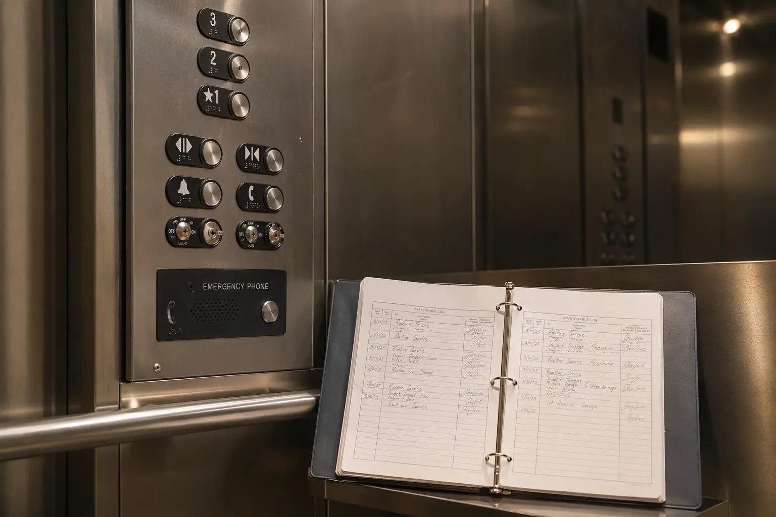 ADA-compliant elevator cab interior in a California school showing braille control panel and open maintenance log binder