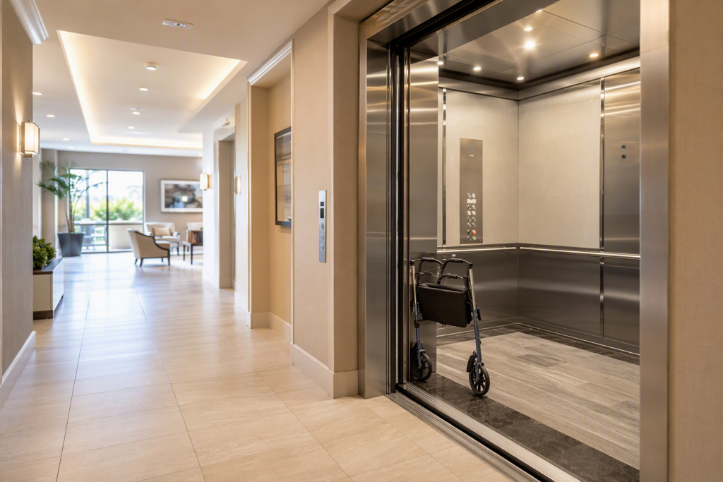 Spacious ADA-compliant elevator cab with grab rails and Braille controls inside a California senior living facility, meeting ASME A17.1 and Title 24 requirements