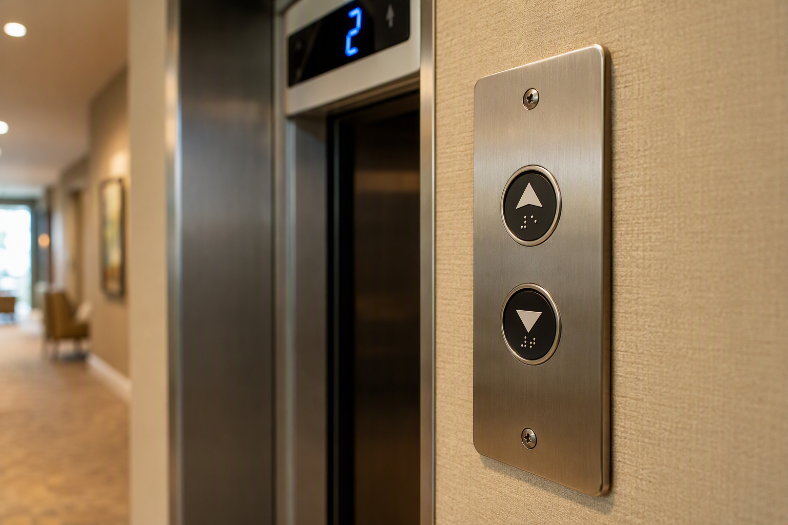 Accessible Elevator Call Panel and Door Controls ADA-compliant elevator call panel with Braille buttons and visual floor indicator at a senior living facility, meeting California Title 24 accessibility standards