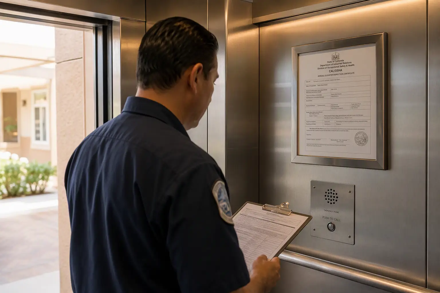 Annual Elevator Inspection and Compliance Verification Elevator inspector reviewing annual inspection certificate and emergency phone inside a California senior living facility elevator cab during a Cal/OSHA compliance check