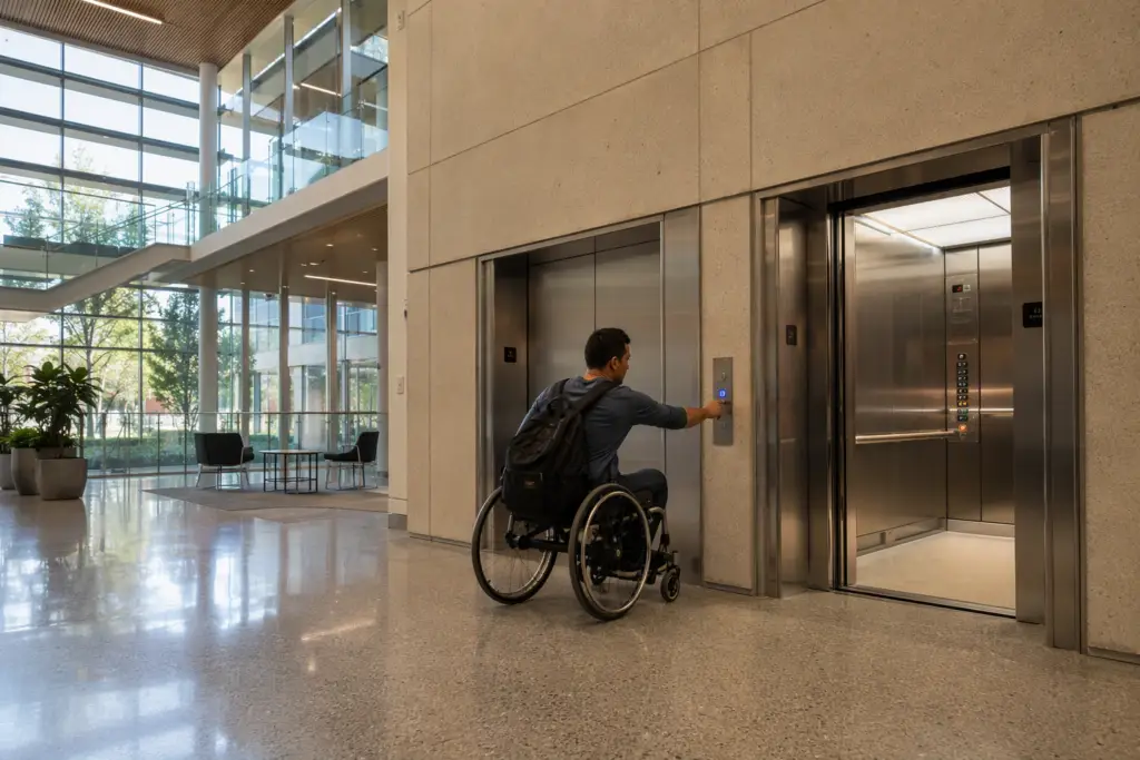 Student using a wheelchair approaching an ADA-compliant elevator call button panel in a California university academic building lobby with accessible cab visible