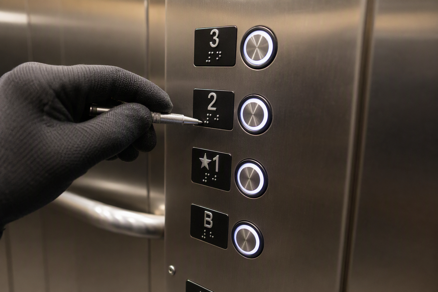 ADA Elevator Control Panel — Braille and Raised Characters Close-up of an ADA-compliant elevator car operating panel showing Braille labels, raised characters, and correctly positioned call buttons per university elevator ADA compliance standards