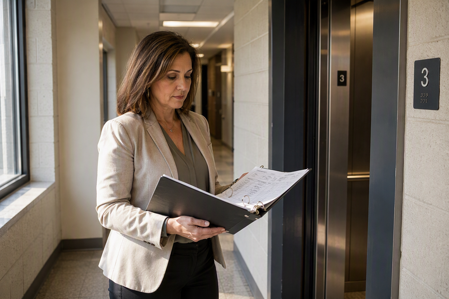 Campus ADA Coordinator Reviewing Elevator Compliance Documentation University ADA coordinator reviewing elevator compliance inspection checklist beside a hoistway entrance with tactile floor designation plates on a California university campus