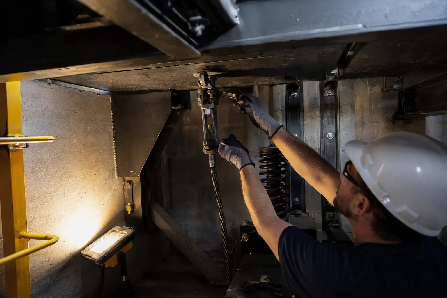 Elevator technician servicing freight elevator cable anchor fittings inside a warehouse hoistway pit during a maintenance visit in Southern California.