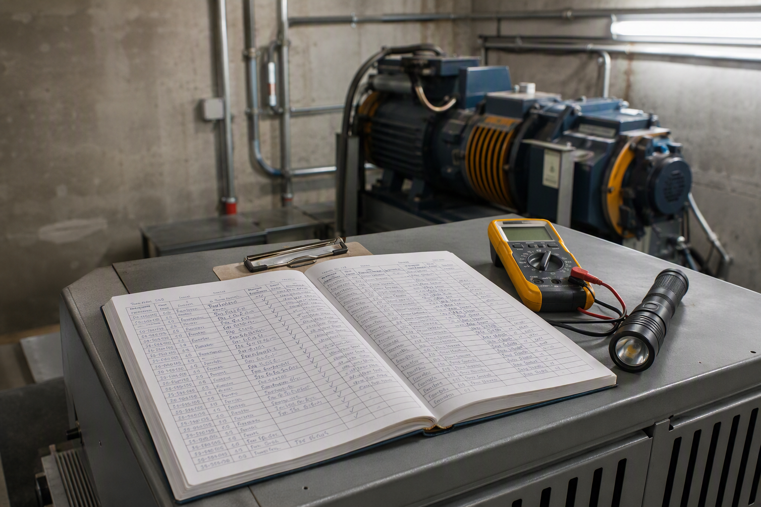 Open elevator maintenance logbook and inspection records on a machine-room controller cabinet inside a Southern California industrial building elevator room.