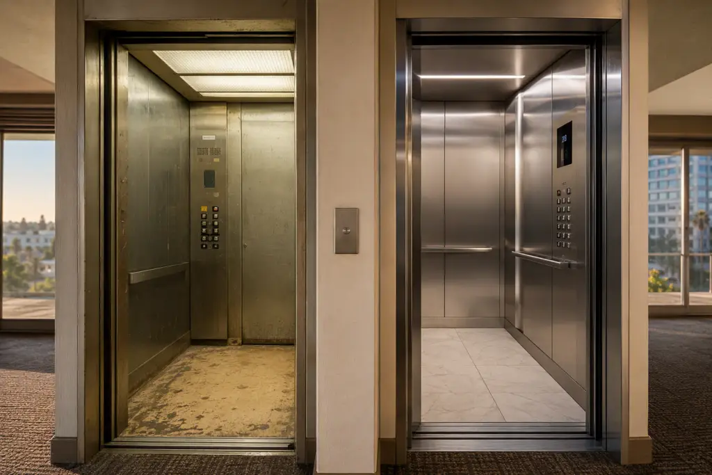 Side-by-side comparison of an outdated elevator cab versus a modernized elevator interior in a Long Beach CA mid-rise residential building