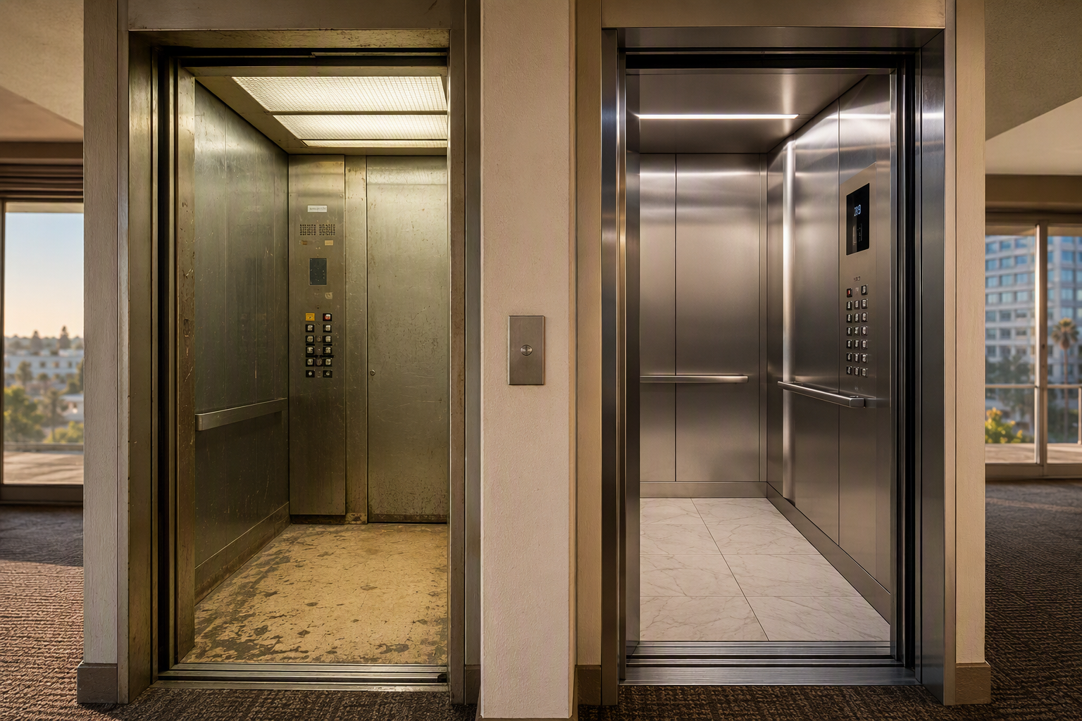 Elevator Modernization vs. Full Replacement: Visual Comparison Side-by-side comparison of an outdated elevator cab versus a modernized elevator interior in a Long Beach CA mid-rise residential building