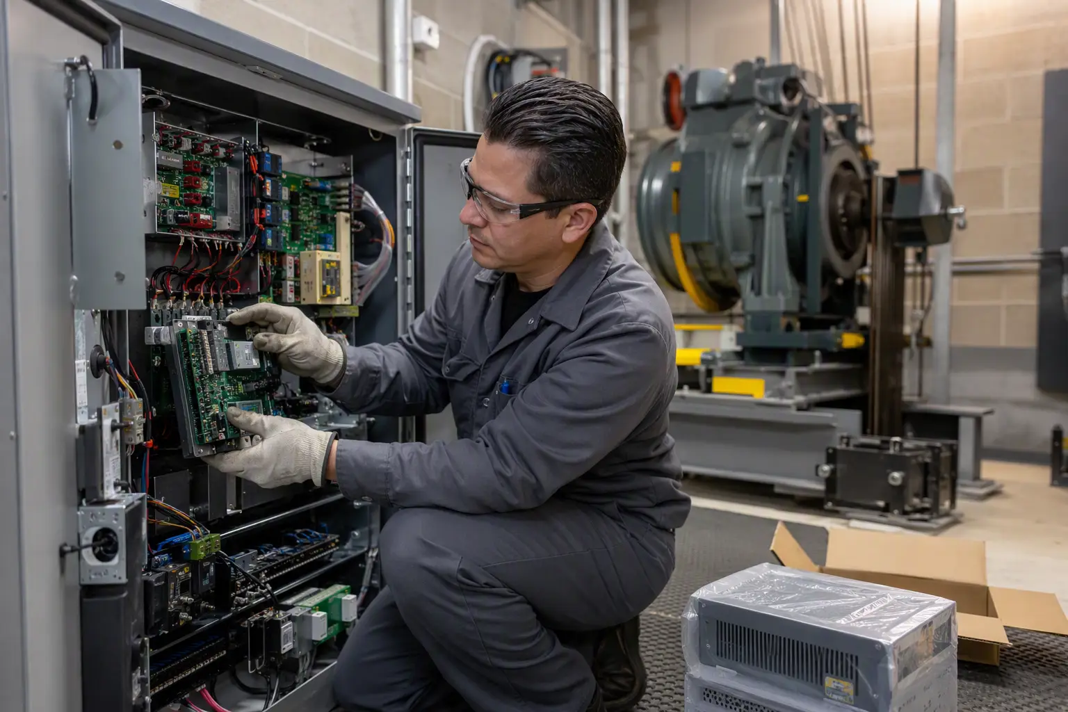 Controller Replacement During Elevator Modernization Elevator technician replacing a controller during an elevator modernization project inside a machine room in a Los Angeles CA commercial building