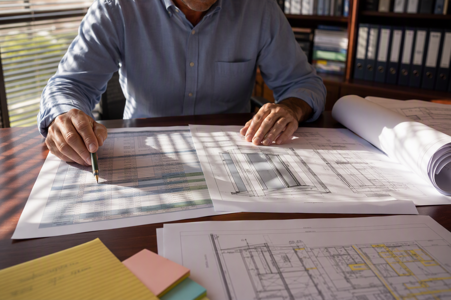 Evaluating Modernization vs. Replacement Costs Facility manager reviewing elevator modernization vs full replacement cost comparison documents at a desk in an Orange County CA commercial building office