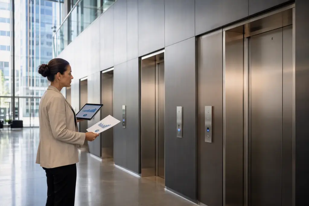 Facilities manager reviewing elevator industry statistics 2025 data report in a modern Los Angeles office building lobby with stainless steel elevator doors