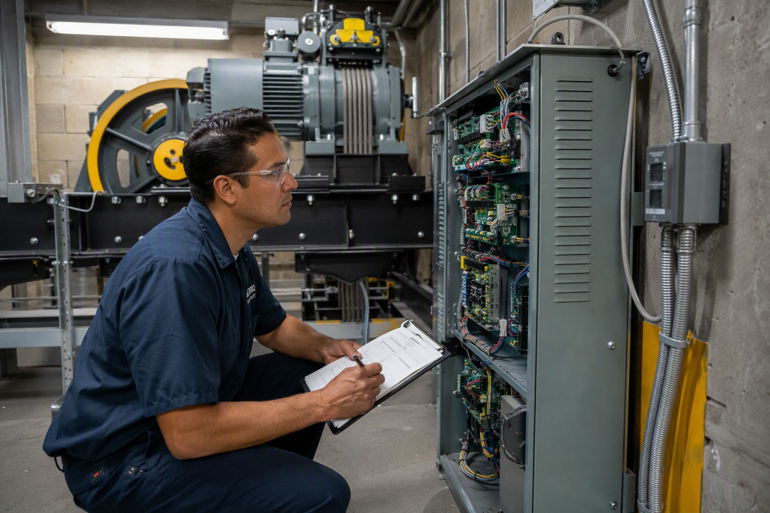 Elevator technician reviewing inspection checklist beside a controller in a machine room, illustrating how elevator safety statistics and code compliance data apply on-site in Southern California
