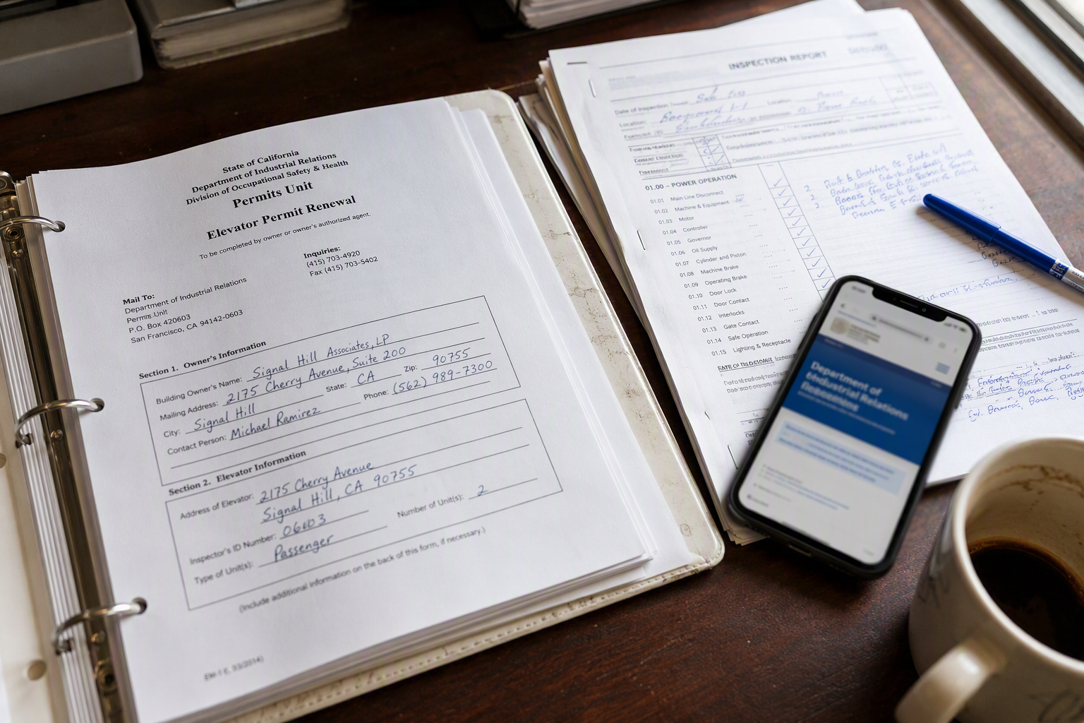 California DIR elevator operating permit renewal paperwork and inspection report open on a building manager's desk in Signal Hill CA.