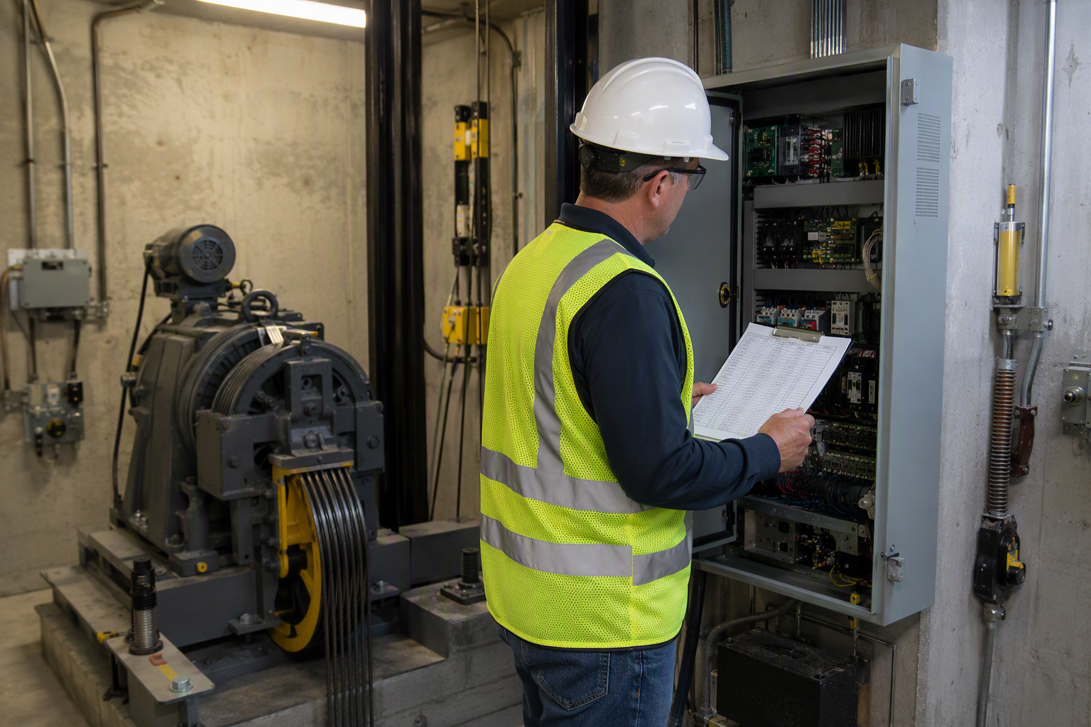 Certified elevator inspector reviewing an ASME A17.1 code checklist inside a traction elevator machine room during a California safety inspection.