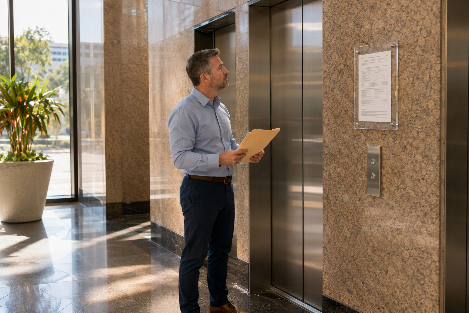 Building property manager reviewing a Cal/OSHA elevator Certificate of Compliance posted beside elevator doors in a Long Beach CA commercial office lobby.