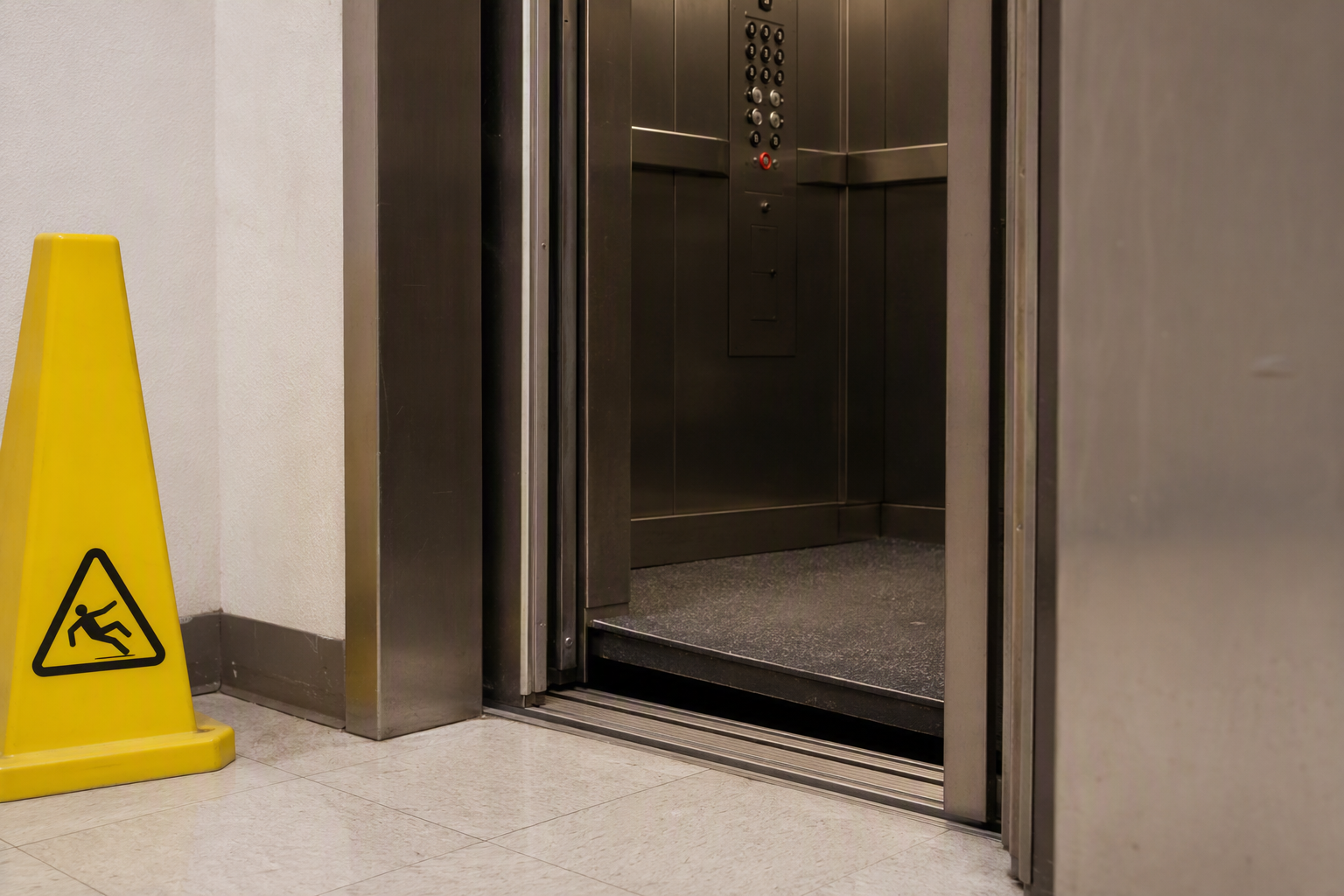 Elevator Leveling Failure Hazard Elevator cab stopped misleveled between floors showing dangerous leveling failure gap at landing door, a true elevator emergency requiring immediate repair